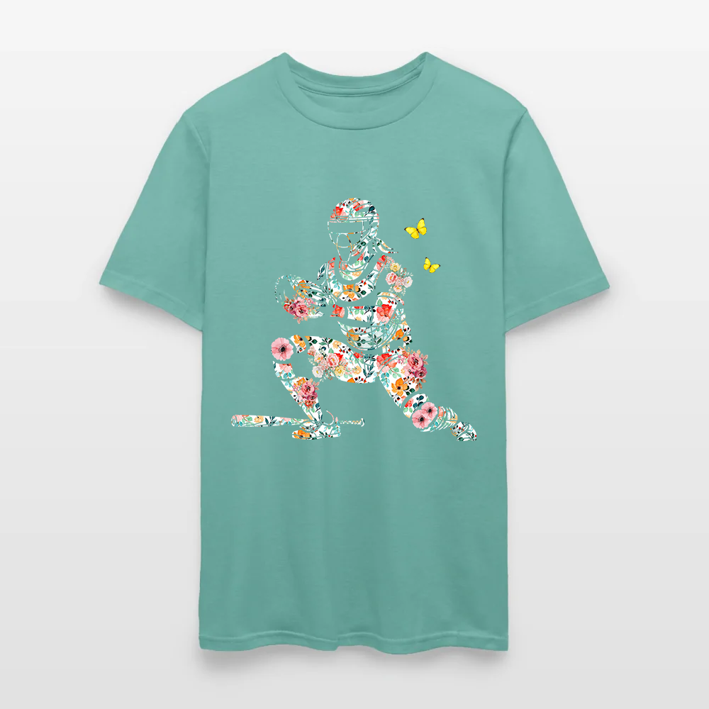 Women’s Baseball Player Catching Ball with Floral Butterfly Design T-Shirt