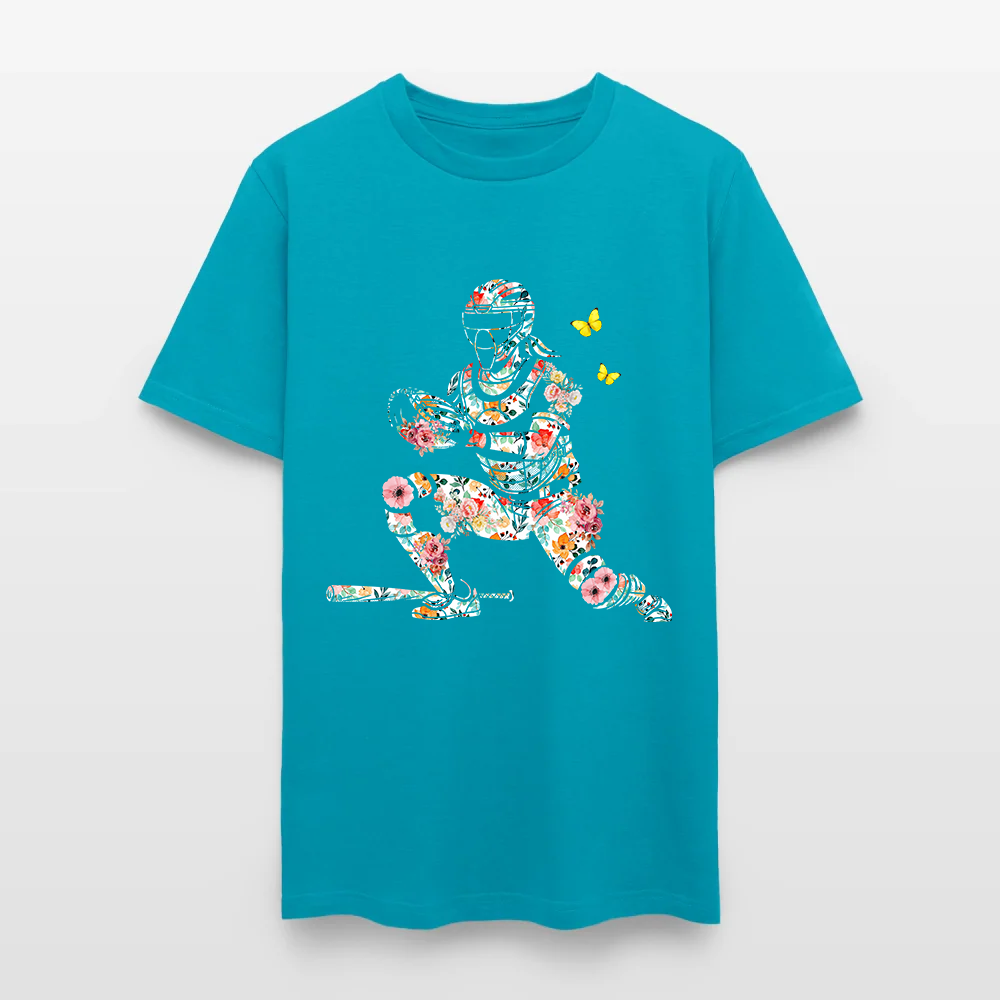 Women’s Baseball Player Catching Ball with Floral Butterfly Design T-Shirt