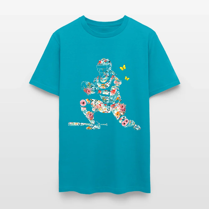 Women’s Baseball Player Catching Ball with Floral Butterfly Design T-Shirt