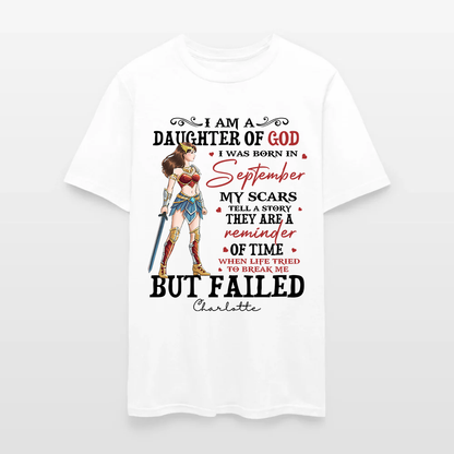Personalized Wonder Woman Warrior of God I Am a Daughter of God I Was Born in My Scars T-Shirt
