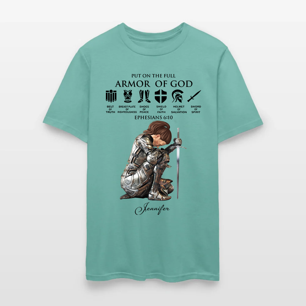 Personalized Woman Warrior of God Put on the Full Armor of God Ephesians 6:10 T-Shirt