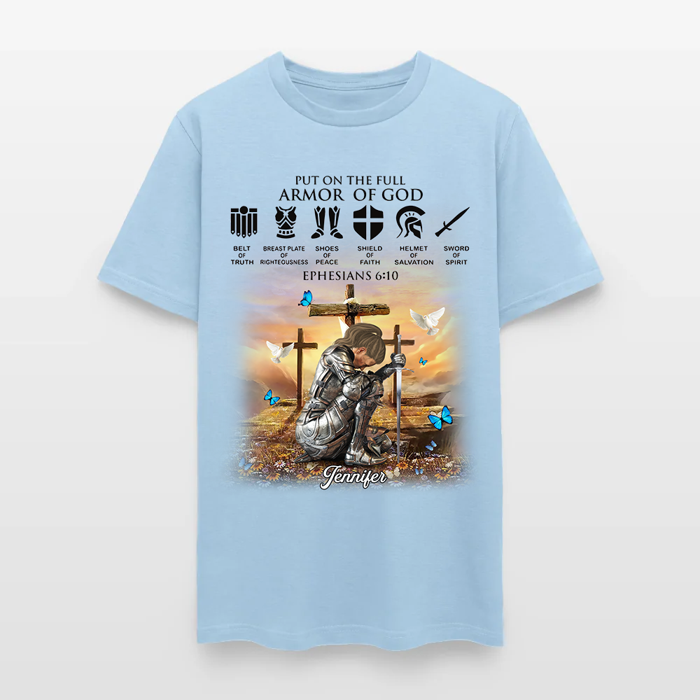 Personalized Christian Woman Warrior of God Put On The Full Armor of God Ephesians 6:10 T-Shirt