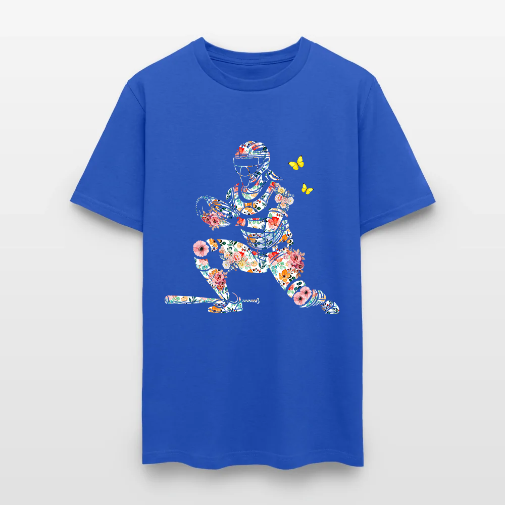 Women’s Baseball Player Catching Ball with Floral Butterfly Design T-Shirt