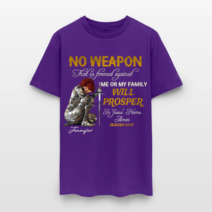 Personalized Woman Warrior of God No Weapon Formed Against Us Shall Prosper Isaiah 54:17 T-Shirt