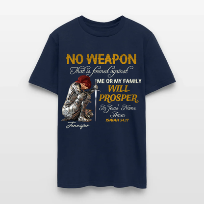 Personalized Woman Warrior of God No Weapon Formed Against Us Shall Prosper Isaiah 54:17 T-Shirt