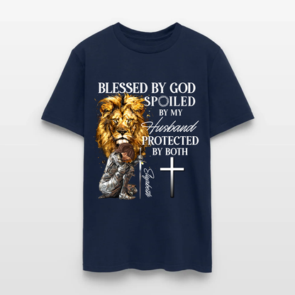Personalized Woman Warrior of God Blessed by God Spoiled by My Husband T-Shirt