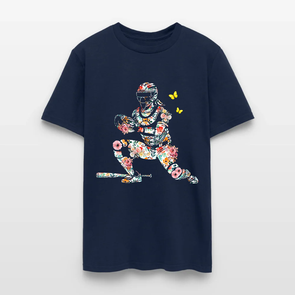 Women’s Baseball Player Catching Ball with Floral Butterfly Design T-Shirt
