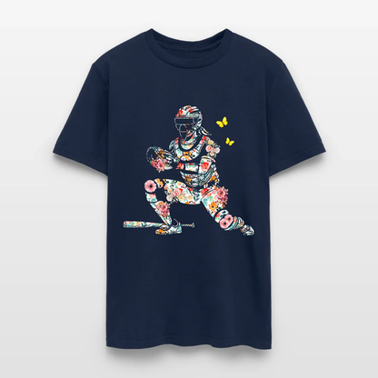 Women’s Baseball Player Catching Ball with Floral Butterfly Design T-Shirt