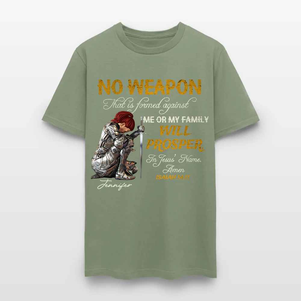 Personalized Woman Warrior of God No Weapon Formed Against Us Shall Prosper Isaiah 54:17 T-Shirt