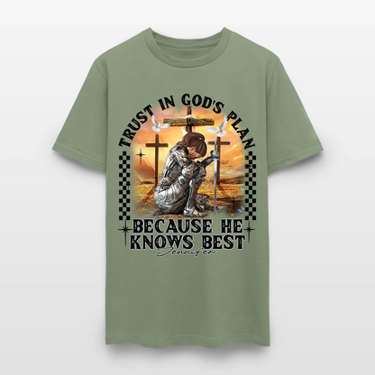 Personalized Warrior of God Trust in God’s Plan Because He Knows Best T-Shirt