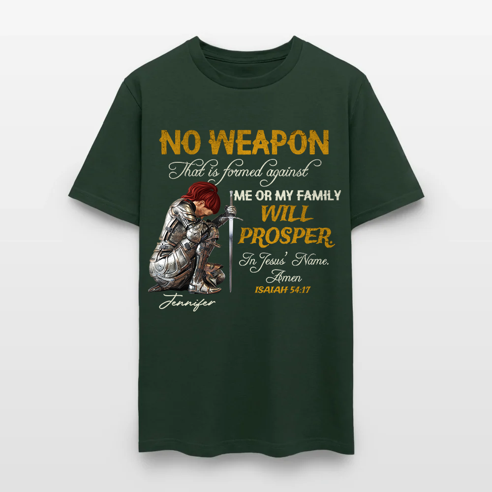 Personalized Woman Warrior of God No Weapon Formed Against Us Shall Prosper Isaiah 54:17 T-Shirt