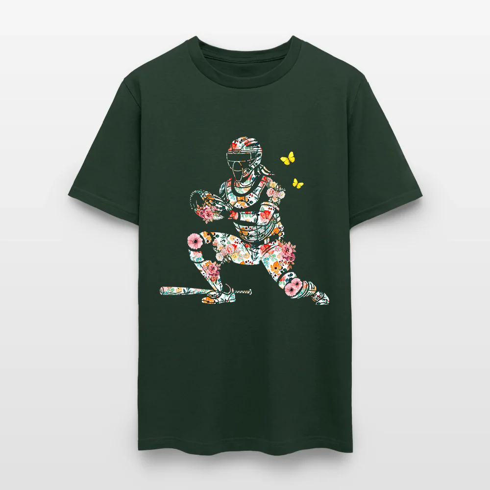 Women’s Baseball Player Catching Ball with Floral Butterfly Design T-Shirt