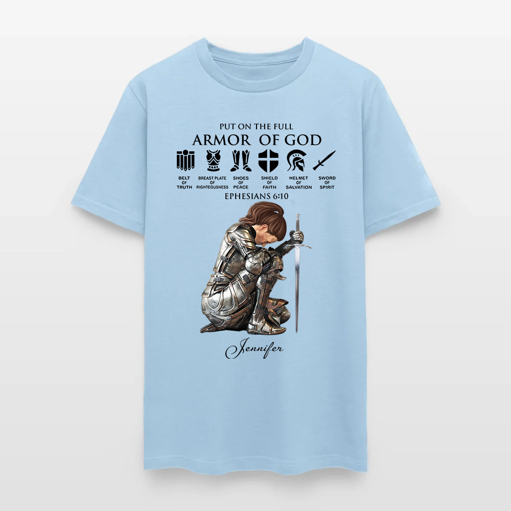 Personalized Woman Warrior of God Put on the Full Armor of God Ephesians 6:10 T-Shirt
