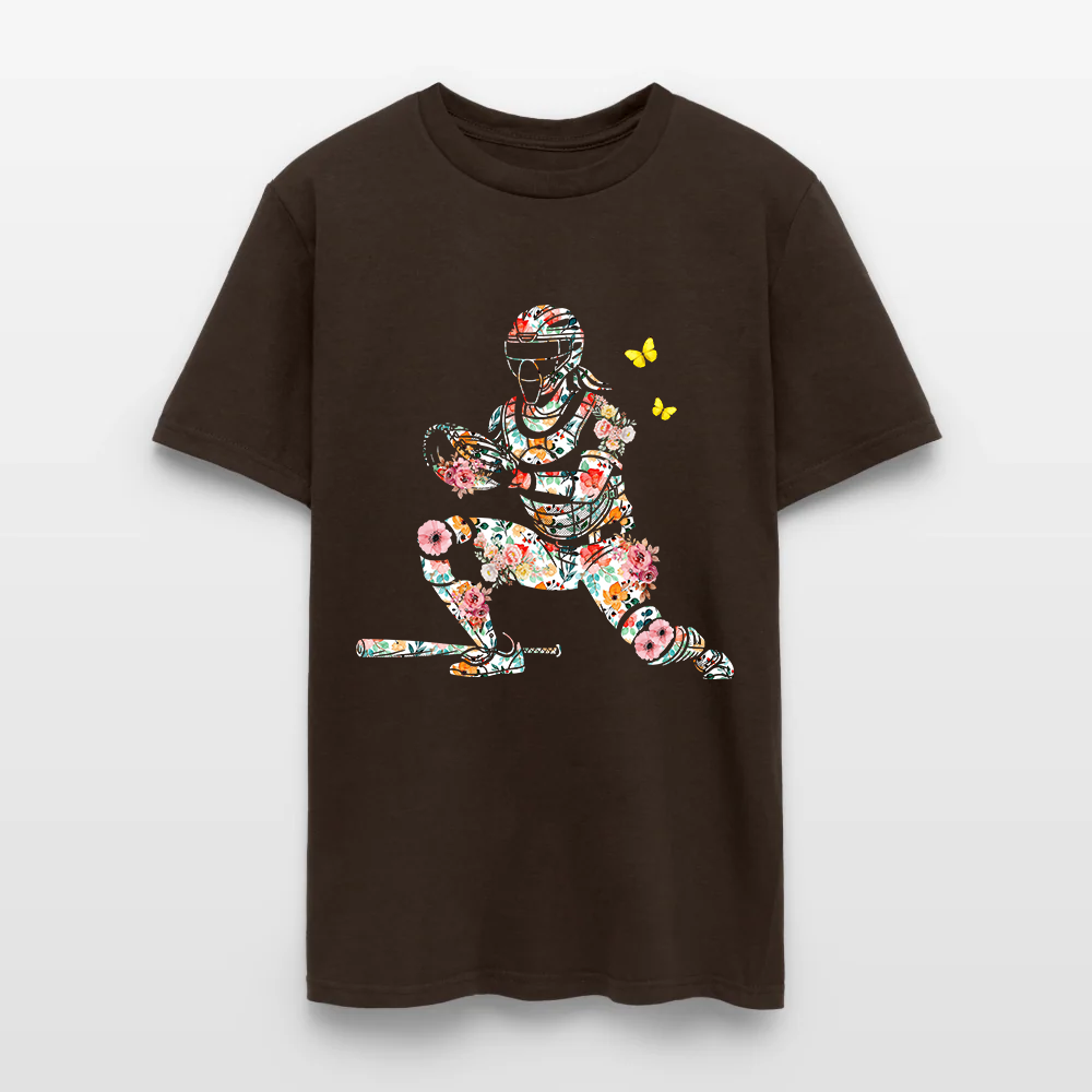 Women’s Baseball Player Catching Ball with Floral Butterfly Design T-Shirt