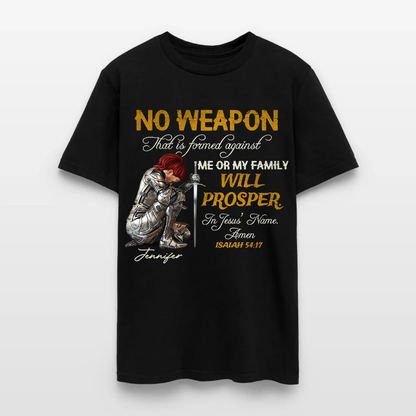 Personalized Woman Warrior of God No Weapon Formed Against Us Shall Prosper Isaiah 54:17 T-Shirt
