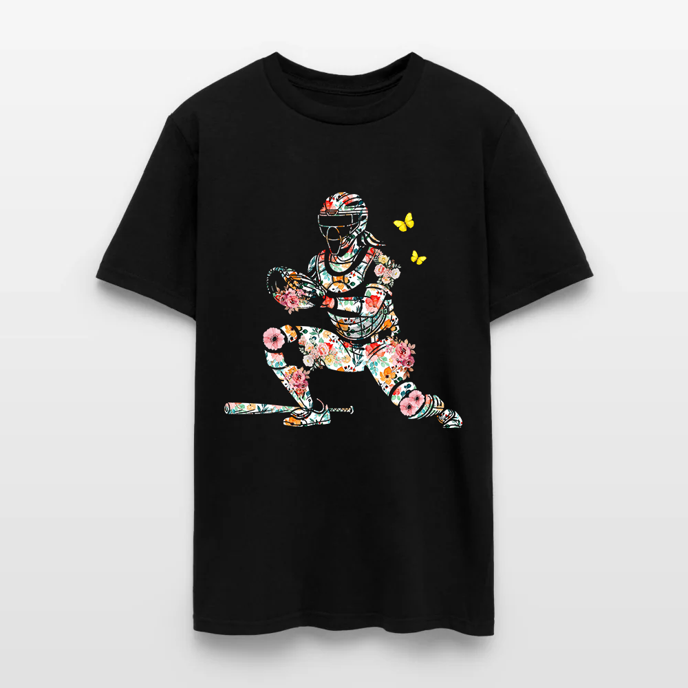 Women’s Baseball Player Catching Ball with Floral Butterfly Design T-Shirt