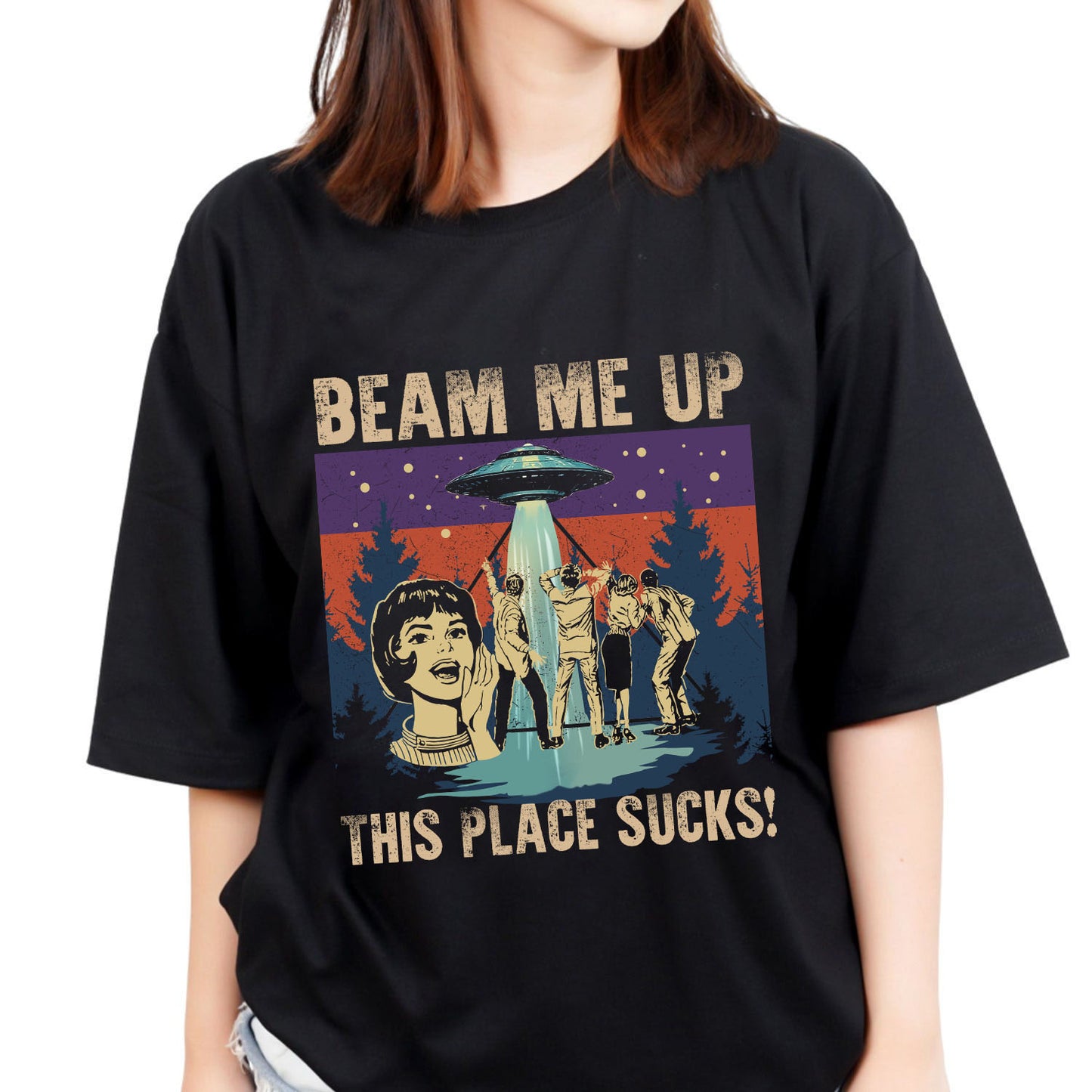 Beam Me Up This Place Sucks Sci-Fi Alien T-Shirt