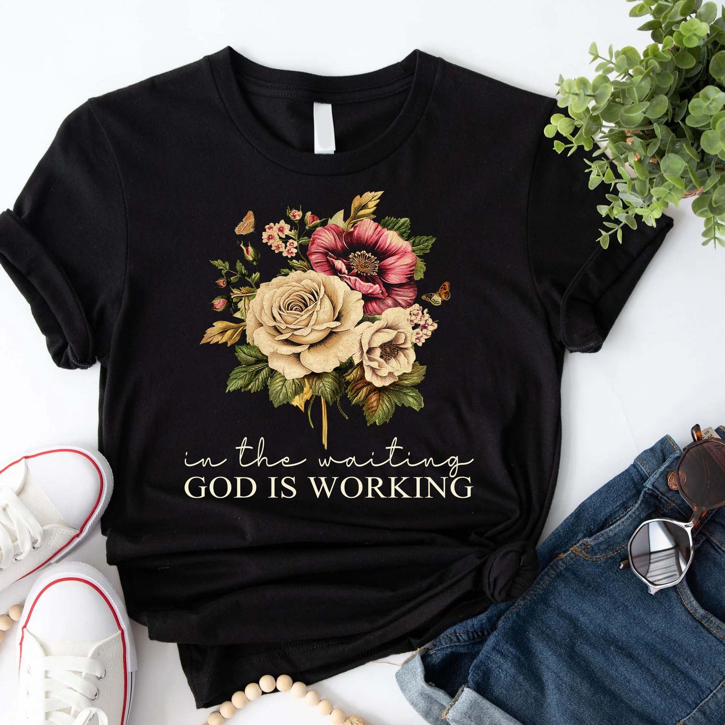 In The Waiting God Is Working Christian Floral Faith T-Shirt