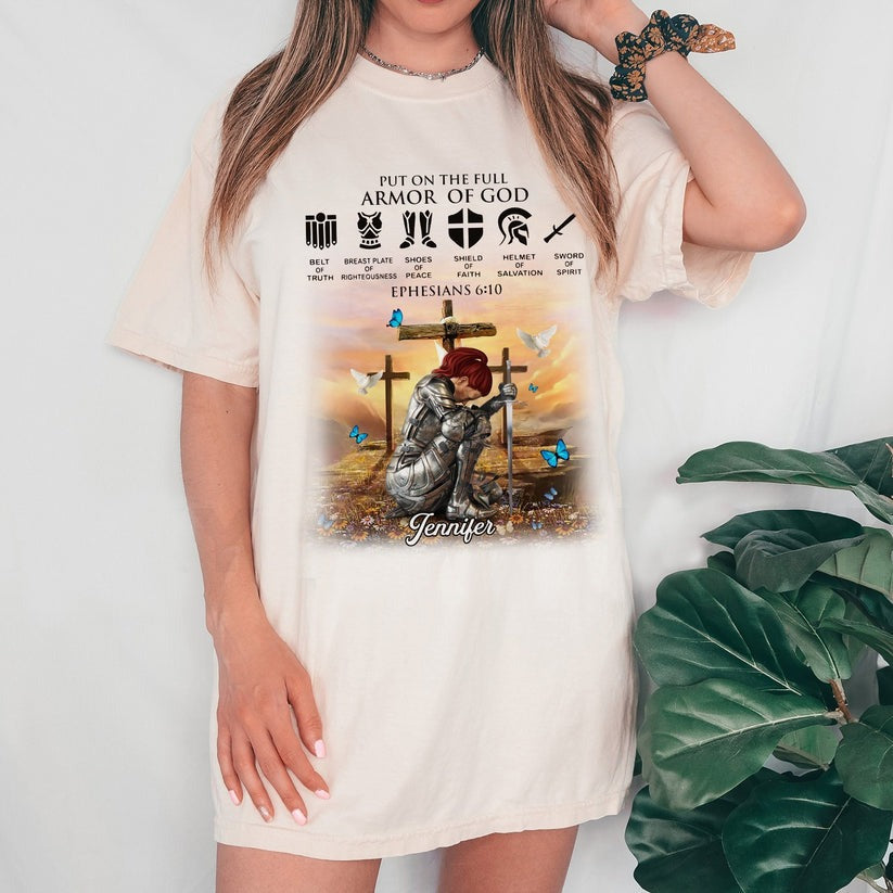 Personalized Christian Woman Warrior of God Put On The Full Armor of God Ephesians 6:10 T-Shirt