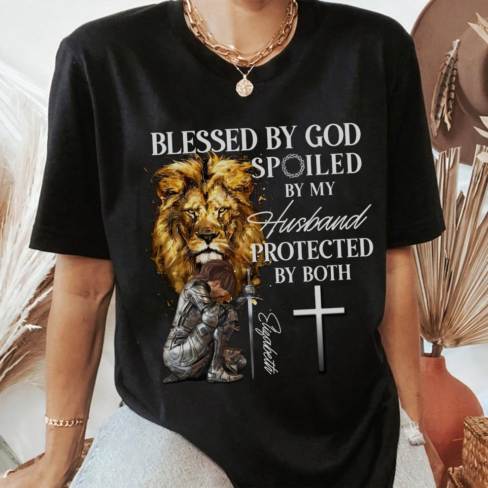 Personalized Woman Warrior of God Blessed by God Spoiled by My Husband T-Shirt