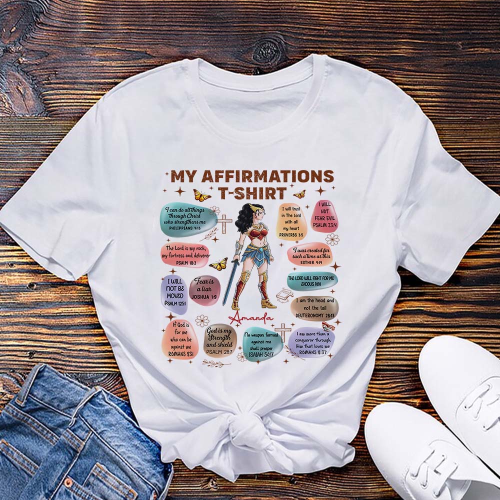 Personalized Wonder Woman Warrior of God Bible Verse Affirmation I Can Do All Things Through Christ T-Shirt