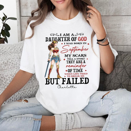 Personalized Wonder Woman Warrior of God I Am a Daughter of God I Was Born in My Scars T-Shirt
