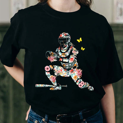 Women’s Baseball Player Catching Ball with Floral Butterfly Design T-Shirt