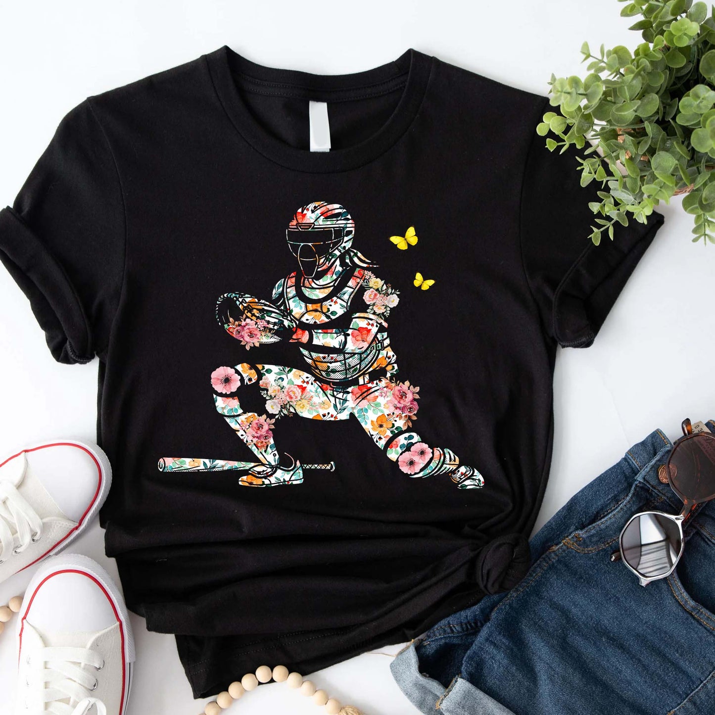Women’s Baseball Player Catching Ball with Floral Butterfly Design T-Shirt