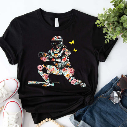 Women’s Baseball Player Catching Ball with Floral Butterfly Design T-Shirt