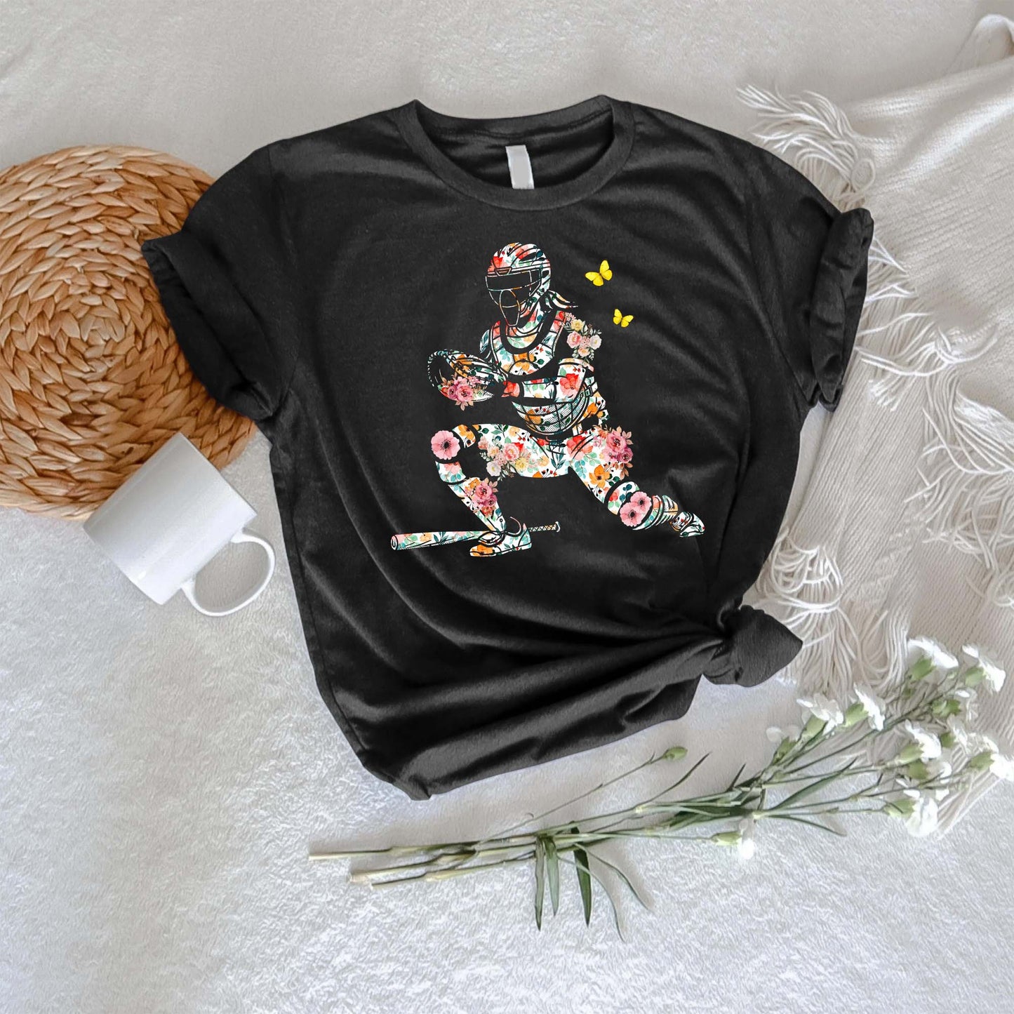 Women’s Baseball Player Catching Ball with Floral Butterfly Design T-Shirt