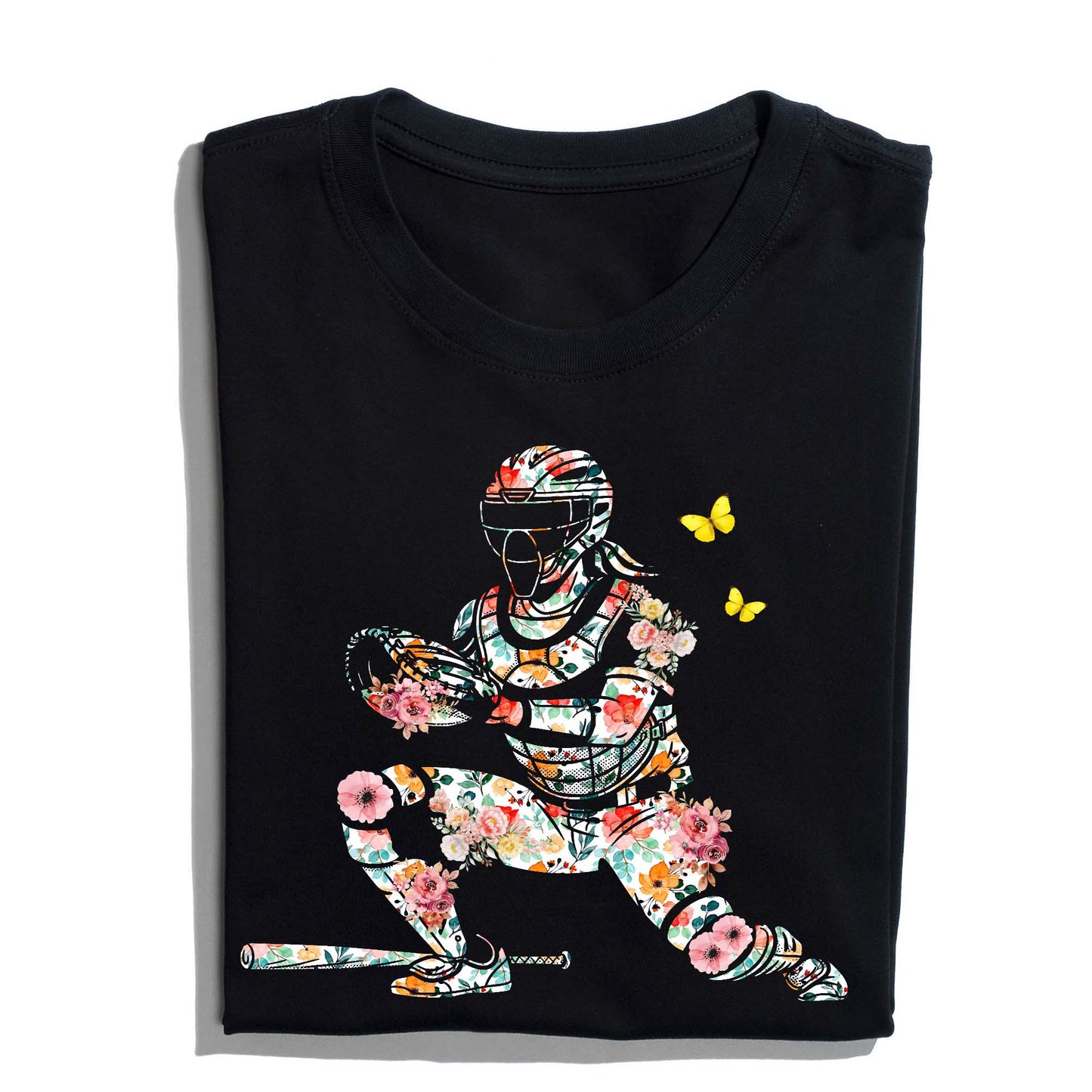 Women’s Baseball Player Catching Ball with Floral Butterfly Design T-Shirt