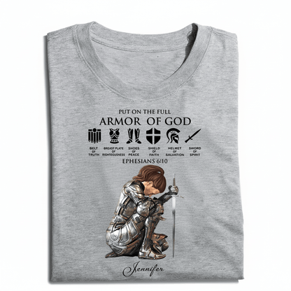 Personalized Woman Warrior of God Put on the Full Armor of God Ephesians 6:10 T-Shirt