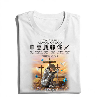 Personalized Christian Woman Warrior of God Put On The Full Armor of God Ephesians 6:10 T-Shirt